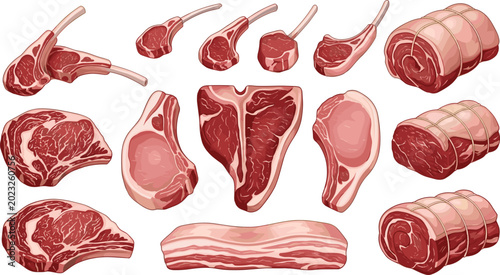 Foto Raw Meat Cuts Collection Illustration with Beef Steaks, Lamb Chops, Bacon, and B