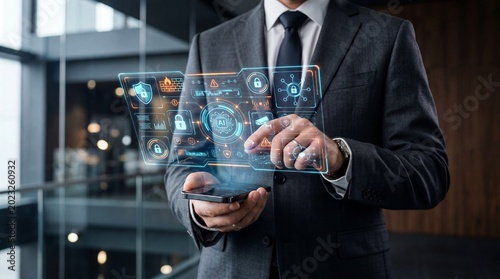 Businessman holding smartphone with holographic digital interface