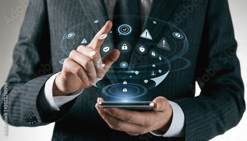 Professional holding smartphone with holographic cybersecurity interface