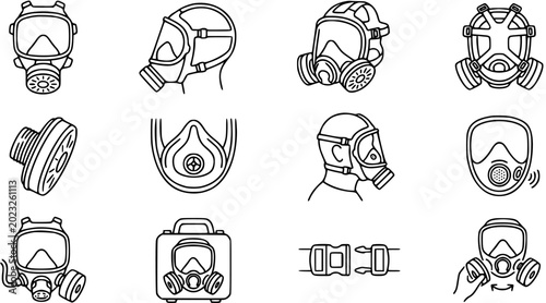 Bild auf Leinwand Black and White Line Art Icons of Gas Masks and Protective Equipment for Safety