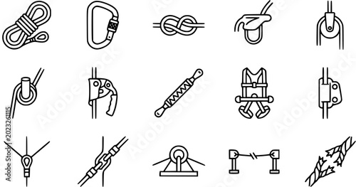 Tableau sur toile Black and White Line Art Icons of Rock Climbing and Mountaineering Gear - Rope,