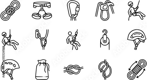 Εκτύπωση καμβά Climbing Gear Icons: Rope, Harness, Carabiner, Helmet, Pulley, Knots, Line Art
