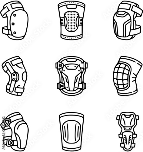 Sports Protective Gear Line Art Icons Collection. Black and White Outline Glyphs of Safety Pads, Guards, and Helmets for Athletics and Extreme Sports.