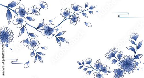 Photos Elegant Blue Floral Corner Border Design with Cherry Blossom Branches, Botanical