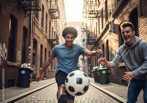 Young men play soccer in alleyway with ball and city background