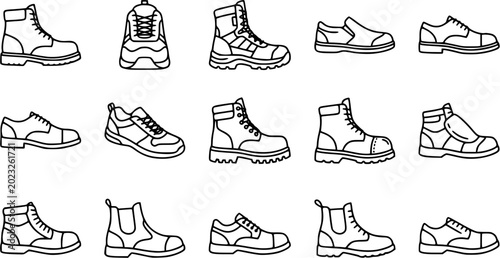 Tableau sur toile Footwear Fashion: Black and White Line Art Icons Collection of Various Shoes, Bo