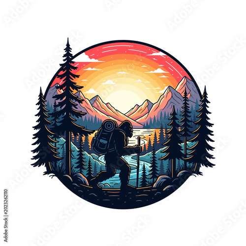Bigfoot Hiking Mountain Sunset Illustration Retro Adventure Badge Sasquatch Silhouette Nature Art