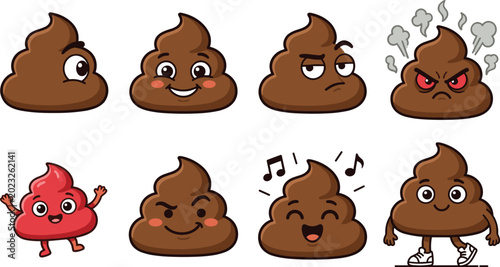 Cute Kawaii Poop Emoji Character Collection Vector Illustration with Funny Emotions Cartoon Faces and Playful Mascot Expressions Set