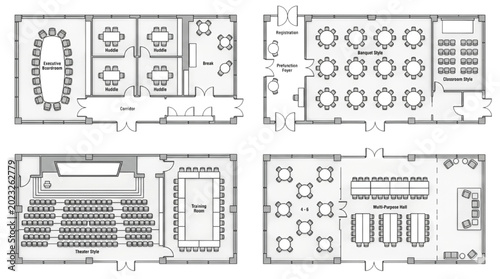 Foto Comprehensive CAD architectural floor plans showcasing versatile meeting and eve