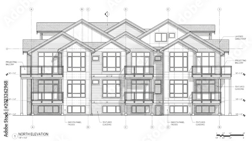 Tableau sur toile CAD Drawing of Multi-Story Residential Building Elevation with Balconies and Mod