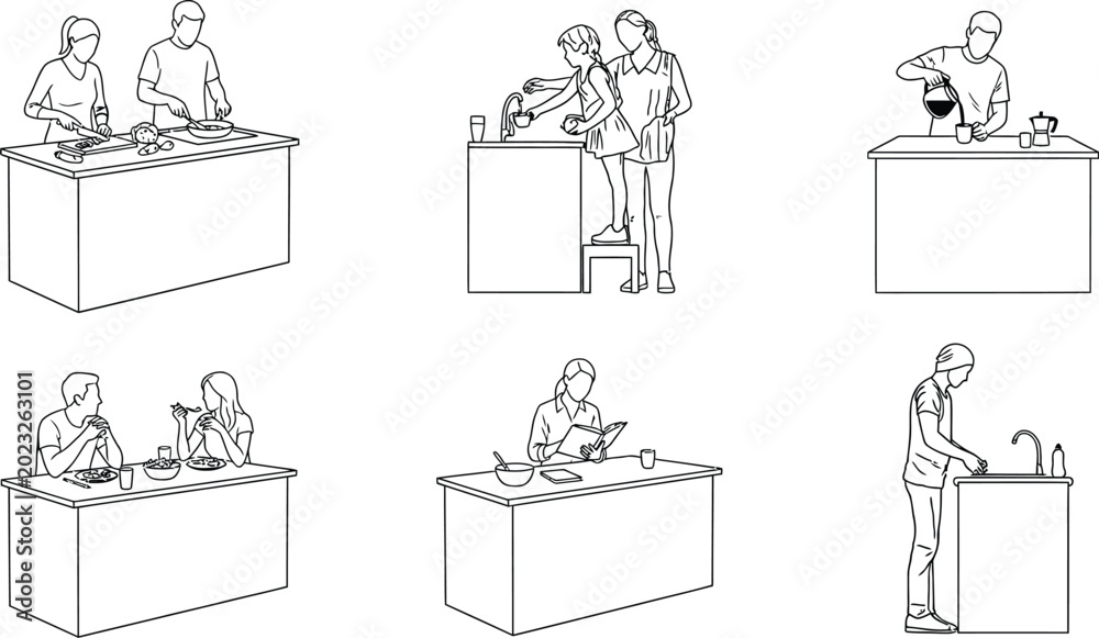 Fototapeta premium Minimalist Kitchen Life Activity Vector Icon Set of People Cooking and Eating