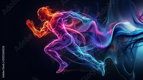 Dynamic runner engulfed in vibrant, swirling energy, representing speed and power.