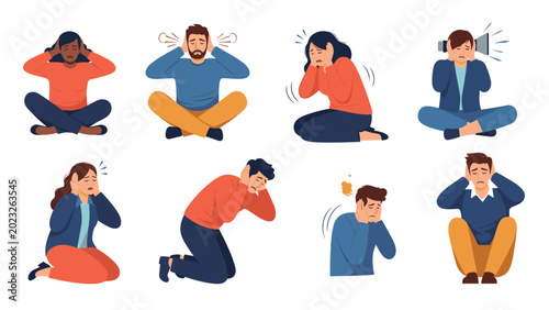 Collection of diverse people in various distressed poses covering their ears to block out loud noises, voices, or stressful sounds.