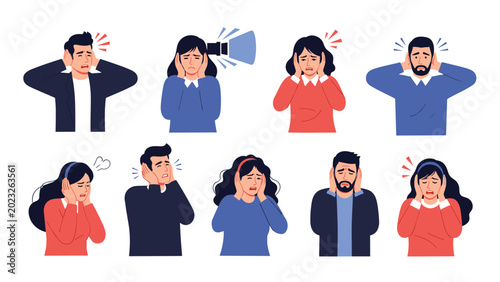 Collection of various people showing distress and pain while covering their ears to escape from loud noises or overwhelming sounds.