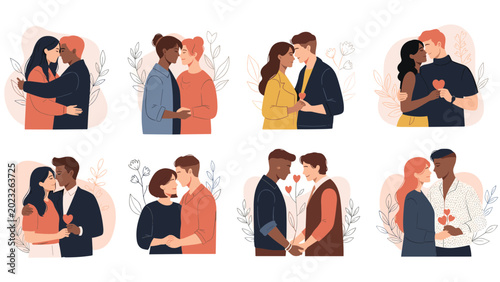 Set of diverse couples expressing love and affection through hugging and holding hands in various romantic and caring poses together.