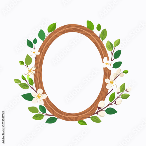 Oval wooden frame decorated with blooming branches and green leaves