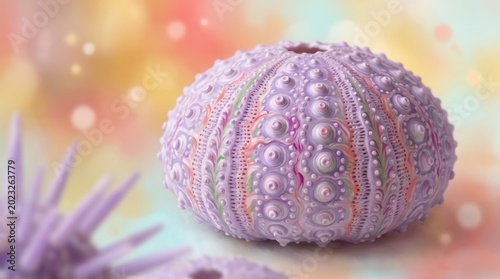 Delicate purple sea urchin shell rests on a soft pastel background, evoking a sense of calm and natural beauty.