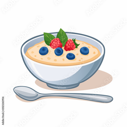 Bowl of Oatmeal with Berries and Spoon