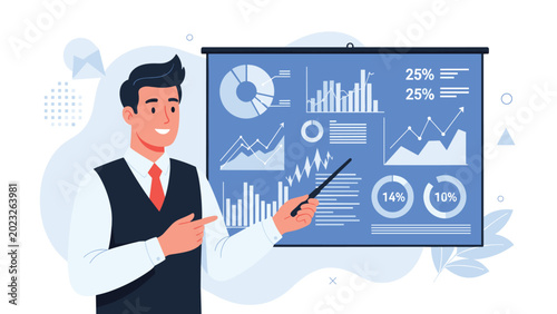 Professional speaker presenting financial data and business analysis on large board during corporate meeting and training session.