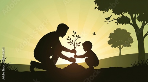 Father and child planting a tree together at sunset silhouette.