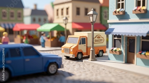 Charming cartoon bakery truck delivers fresh goods to a quaint town square.