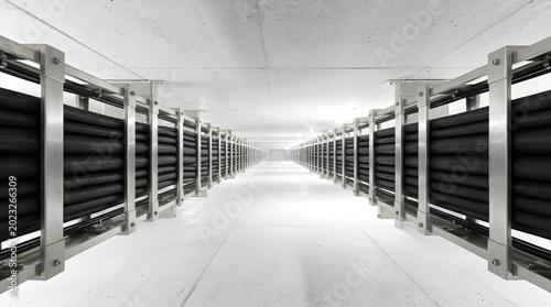 Long corridor with rows of industrial air conditioning units