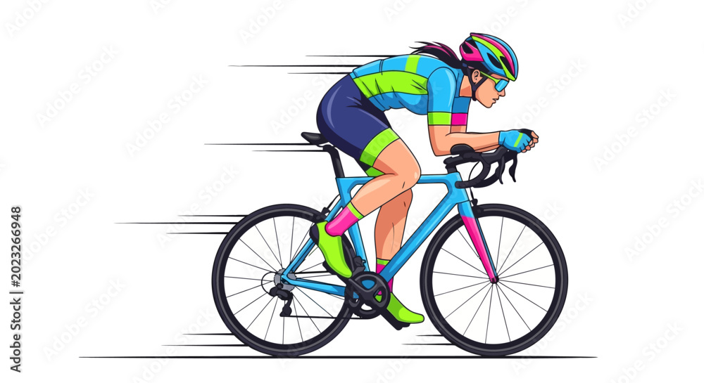 Fototapeta premium Woman riding a bicycle quickly outside.