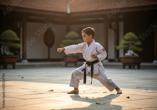 Young martial artist performing karate stance in outdoor courtyard during daytime