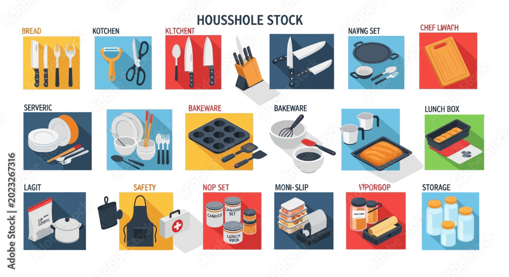 Obraz premium Illustrated kitchen and household items collection on colorful backgrounds