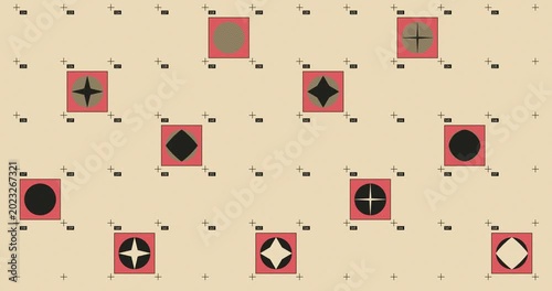 Abstract Bauhaus style motion graphic background with geometric shapes and grid, minimalist retro pattern animation with stars and circles, seamless loop VJ overlay