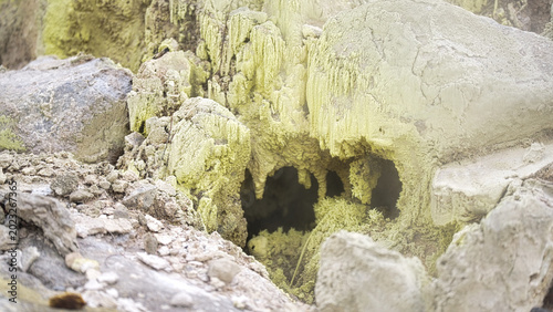 acicular sulphur crystals, mineral deposits, growing inside fumarole vent, tomohon, minahasa, north sulawesi, indonesia, macro, close up