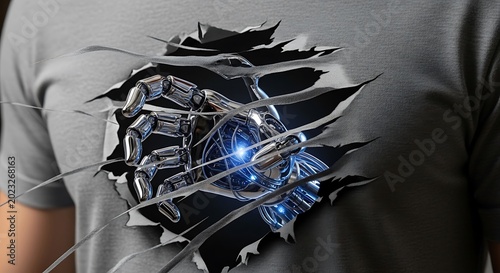 Robot hand emerges from torn gray t shirt with blue glowing orb