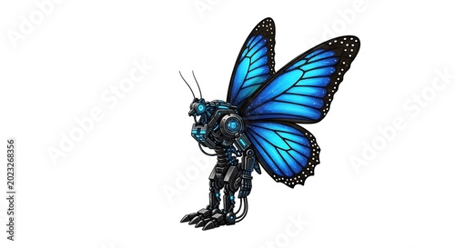 Metallic robot with large blue butterfly wings on its back standing alone