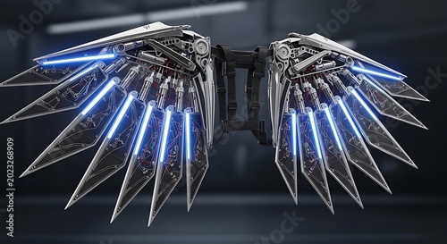 Cybernetic wings with glowing blue lights on a metallic and carbon fiber structure shown in photo