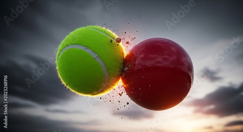 Blue and orange pills colliding with particles exploding around them in mid air