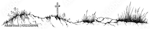 Konstfotografi Burial mound with wooden cross and wild grass in hand drawn engraving style