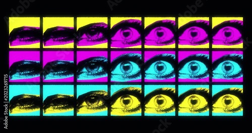 Pop art blinking eye pattern animation on black background, colorful seamless loop of retro neon halftone eyes, vaporwave and psychedelic style motion graphic background