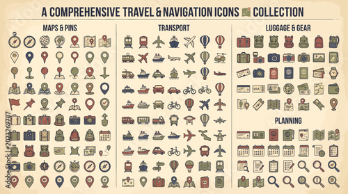 Comprehensive vintage retro travel and navigation transport icon collection mega pack with destination symbols board