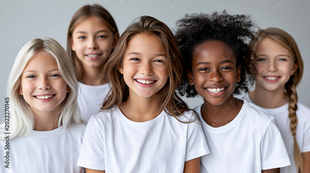 Fototapeta premium Close-up of a collage of happy girls at age 10 of different nationalities and races in white t-shirts in a studio, diverse girls portrait concept, multicultural girls photography,