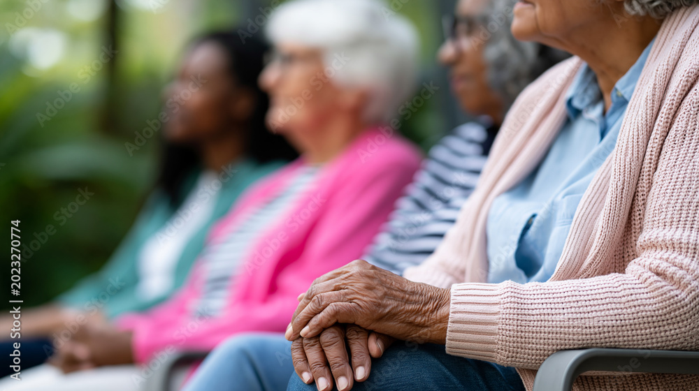 Fototapeta premium Close-up of elderly ladies of diverse backgrounds seated together, aging and cultural diversity concept, multicultural elderly photography, diverse older women lifestyle,