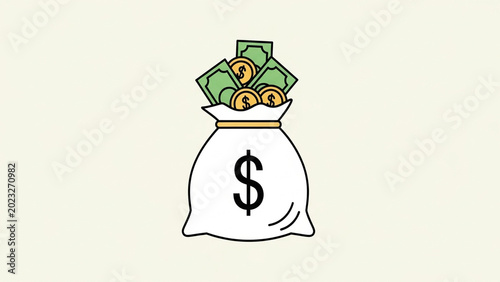 Illustration of Money Bag Filled with Cash and Coins on Light Background