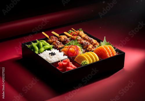 Gourmet Japanese Bento Box with Salmon Sashimi and Yakitori