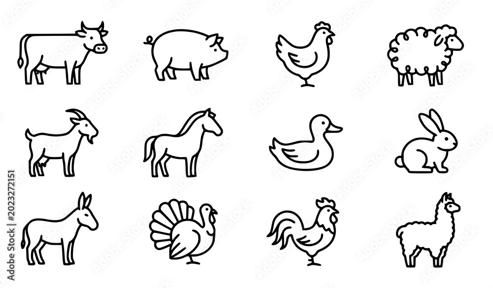 Fototapeta premium Farm Animals Line Art Icon Set with Minimal Outline Vector Livestock Symbols
