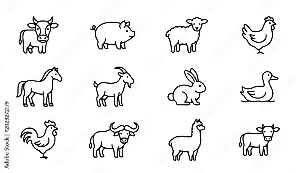 Naklejka premium Modern Farm Animal Outline Icons Vector Set with Clean Line Art Livestock Design