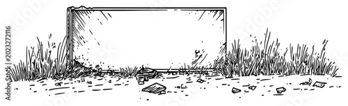 Fotografie Empty billboard sign in field with overgrown grass and debris in hand drawn sket