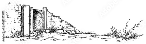 Konstfotografi Ancient stone ruins with doorway and crumbling wall in hand drawn sketch style