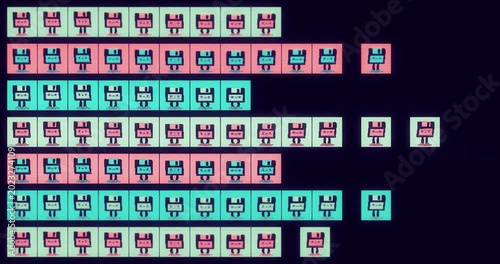 Retro 8-bit floppy disk pattern animation on grid background, colorful seamless loop of pixel art save icon characters, vaporwave and y2k style motion graphic background