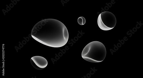 Abstract floating forms in grayscale against black background