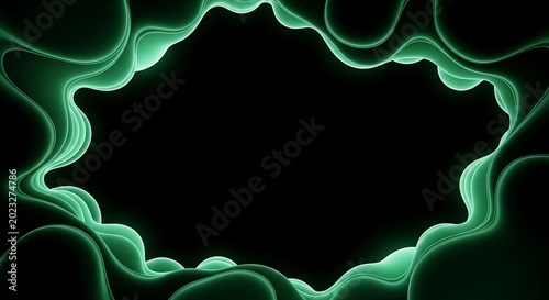 Abstract flowing green shapes against a black background copy space design