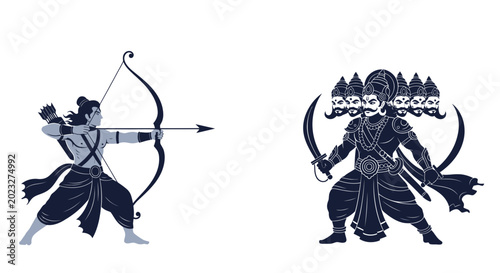 Foto Ram vs Ravana: Divine Battle Illustration, Hindu Mythology, Epic War Scene, Arch